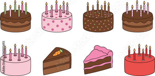 Cute cartoon birthday cake collection with candles chocolate strawberry slice dessert bakery vector illustration isolated sweet celebration set