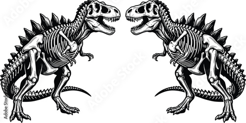 Two Fierce Dinosaur Skeletons Facing Each Other Detailed Vector Illustration Perfect for Creative Graphic Designs and Paleontology Themed Projects