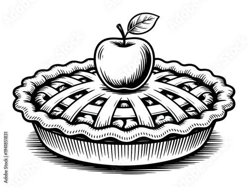 Classic Apple Pie with Lattice Crust and Fresh Apple Topping, Black and White