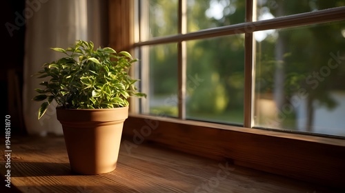 A vibrant potted plant sits on a wooden ill bathed in soft sunlight with a blurred garden view through the window panes