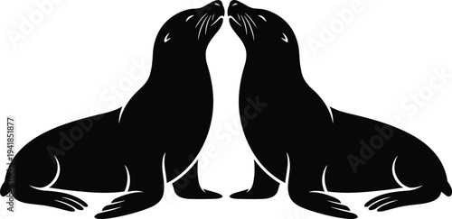 Two loving sea lions silhouette isolated on white background, romantic wildlife vector illustration for marine conservation design projects