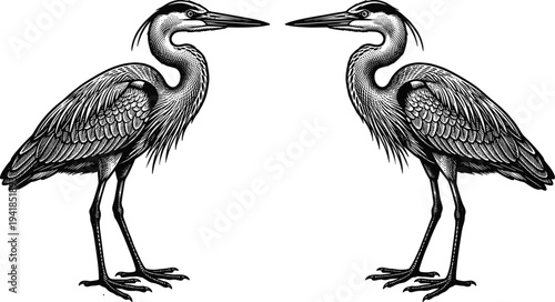 Two symmetrical great blue herons facing each other in a detailed black and white woodcut illustration on white background.