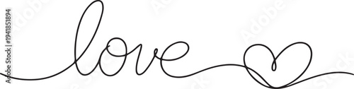 Love Hand Lettering Banner With Heart Continuous One Line Minimal Romantic Typography Vector Illustration Isolated On White Background