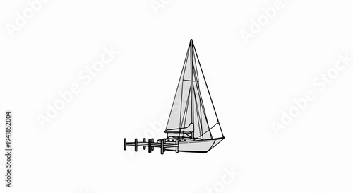 Stylized illustration of a sailboat docked at a pier against a white background