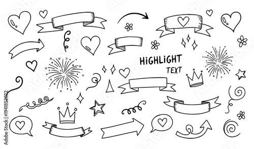 Hand drawn love doodle icons vector collection with hearts arrows stars crowns speech bubbles and swirls