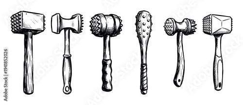 Six different hand-drawn meat tenderizers are neatly arranged in a row, showcasing various designs and textures in a detailed sketch style