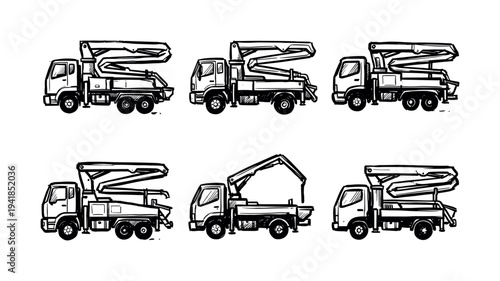 Six hand-drawn black and white construction trucks are illustrated in a side profile view, showcasing various concrete pump and crane designs with a distinct sketch art style