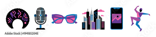 Vibrant collection of flat design icons including an afro, microphone, sunglasses, cityscape, smartphone, and a dancing figure, rendered in a striking purple, pink, and blue color palette