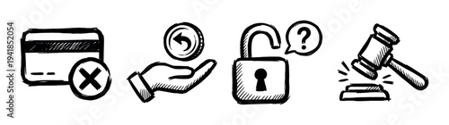 Four hand-drawn black and white icons depicting financial rejection, money return, security questions, and legal judgment in a clear, illustrative style