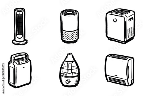 Six distinct home air appliances are depicted in a hand-drawn, black and white sketch style, showcasing different designs for comfort and climate control