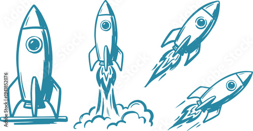 Hand Drawn Rocket Set Vector Illustration, Rocket Launch Sketch Collection.