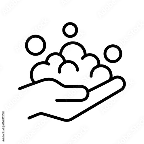 Foam cream and soap bubbles on hand line icon set, label, badge, logo, symbol, sign, black, line, vector, isolated illustration. Washing hands to keep clean icon set. Wash hands health care icons. 