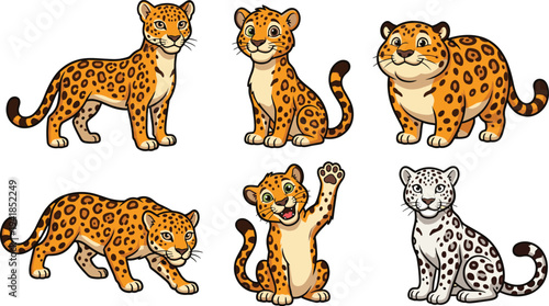 WebCute leopard characters collection, cartoon wild cat animals set, spotted jungle predator illustrations, adorable big cat mascot vector