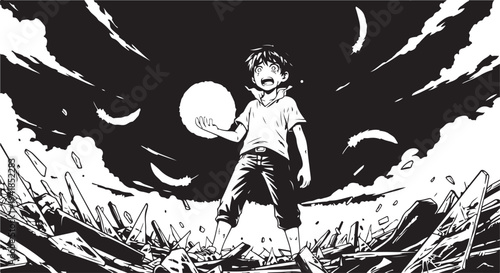 Vector illustration of a boy holding a ball under a moonlit sky