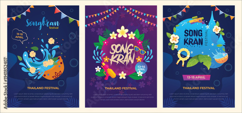 Happy Amazing Songkran Thailand festival poster set vector illustration 