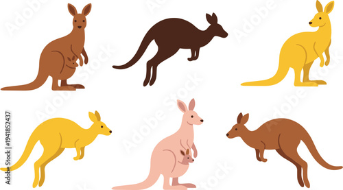 Kangaroo cartoon collection, jumping kangaroo silhouettes, cute marsupial animals with joey, wildlife vector illustration set, Australian animal design