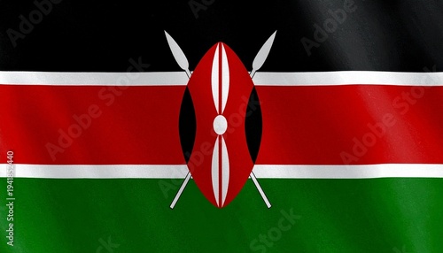 Horizontal tricolor flag of Kenya with Maasai shield and crossed spears.