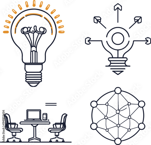 tartup business icon collection including innovation bulb, target marketing, business meeting table, online commerce store, and global network connection, thin outline vector icons 2