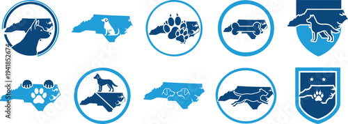 North Carolina map with dog paw pet emblem and canine symbol vector icon collection