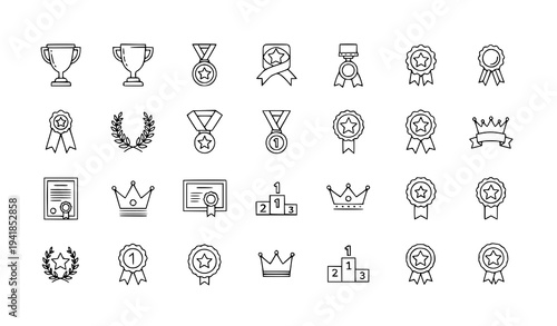Award and achievement line icon set with trophy medal ribbon and winner symbols editable stroke
