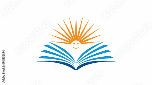 Open book with a smiling sunburst illustration rising from its pages