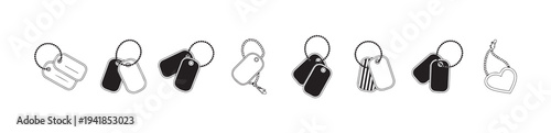 Military dog tags on chain, vector icons, metal identification plates, accessories