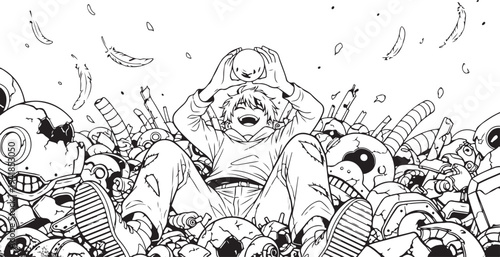 Vector illustration of a woman surrounded by zombies