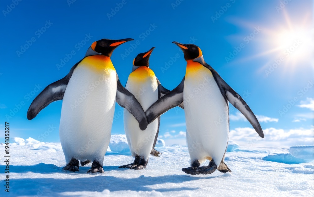 Obraz premium Penguins Collaborating on Snowy Icy Terrain Under Bright Sunlight