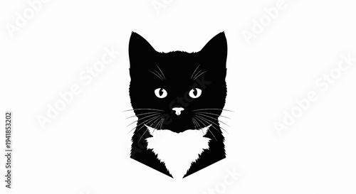 Stylized black cat face with white chest fur, against white background