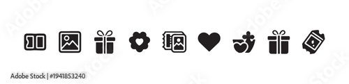 Set of ten diverse black icons for gift birthday photo memory ticket and romance concepts