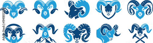 Ram head mascot logo icon set with horn sheep animal emblem and sport badge design