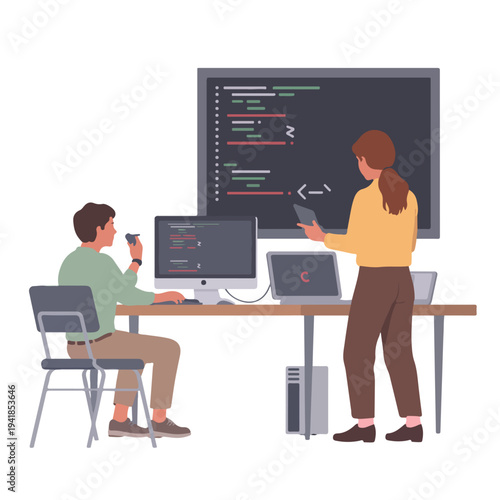 A vector illustration of two coworkers collaborating at a desk with computers and a large screen