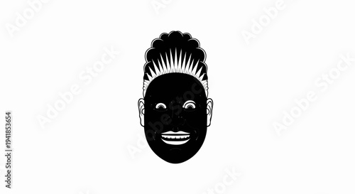 Stylized black face mask with wide grin, bright eyes, and spiky hair