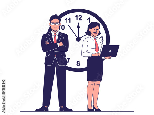 A cartoon businessman and woman standing in front of a large clock, symbolizing time management and productivity in a professional setting.