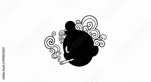 Stylized black head with cigarette and swirling smoke plumes