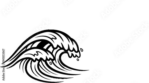 Stylized black ink brush strokes depict powerful ocean waves crashing