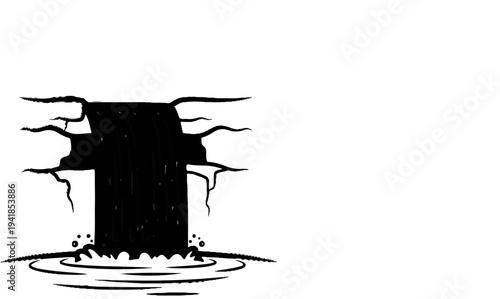 Stylized black ink drawing of a dark, cascading waterfall splashing into a pool