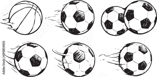 Six black and white soccer ball illustrations in motion