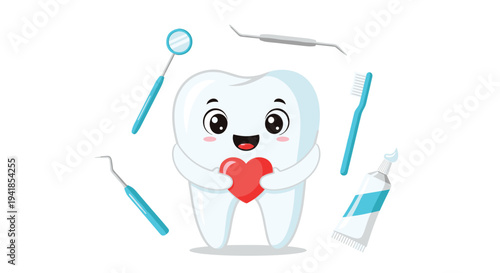A cute cartoon tooth character with a happy expression affectionately holds a red heart, encircled by various dental tools and hygiene items on a pure white background.