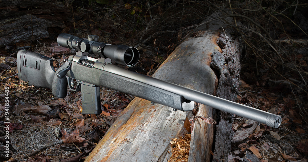 Obraz premium Dark forest with a bolt action rifle on a downed tree