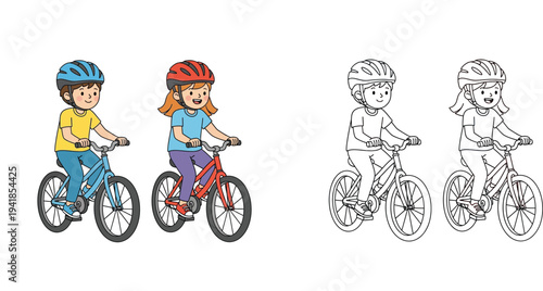 Happy Kids Riding Bicycles with Helmets: Active Boy and Girl Cycling