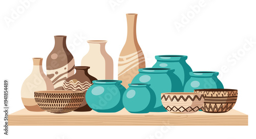 A diverse arrangement of ceramic pots, bowls, and tall vases in earthy tones and vibrant turquoise hues is artfully grouped on a light wooden shelf against a clean white background.