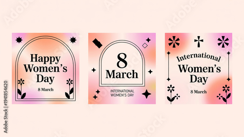A vibrant collection of elegant cards celebrating International Women's Day on March 8th, featuring soft gradient backgrounds and minimalist floral designs