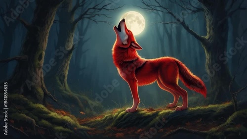 Red wolf howling at a bright full moon in a mystical, dark forest with tall, bare trees