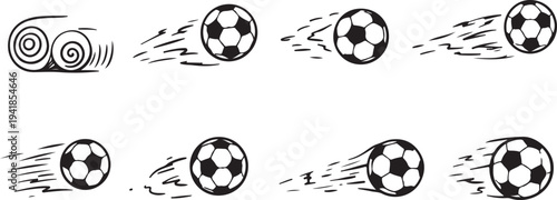 Soccer balls flying through air in motion sequence illustrations