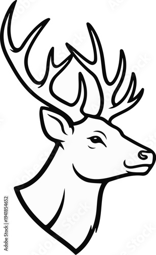 Stylized black and white line drawing of a deer's head with prominent antlers