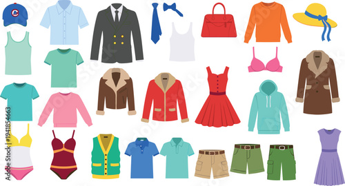 Clothing and fashion apparel vector icon set, shirts, jackets, dresses, shorts, hats, bags, casual wear collection, modern flat wardrobe elements