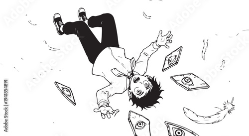 Vector illustration of man falling with money flying around