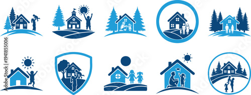 Family home lifestyle icon set with house parent child tree community and happy life symbol