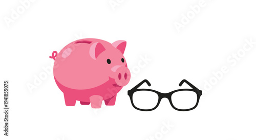 A smooth pink ceramic piggy bank with a coin slot stands next to a pair of black-framed eyeglasses on a pristine white background.
